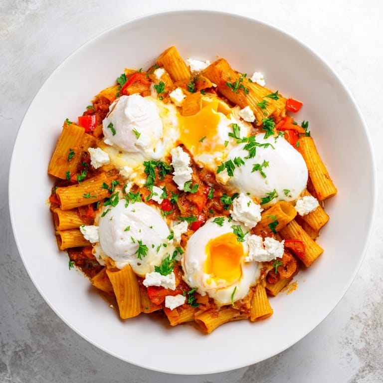 Imagine the aroma: Shakshuka Baked Pasta, with eggs nestled in a rich tomato sauce, ready to serve!