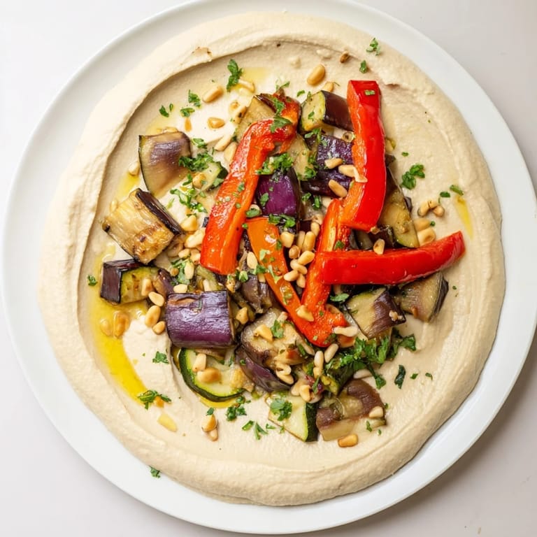A close-up shot of Hummus Roasted Veggies: creamy hummus and colorful, perfectly roasted vegetables.