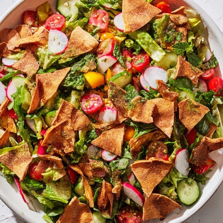 The refreshing Fattoush Crunch Salad features bright tomatoes and cucumbers, topped with crunchy, golden pita croutons.