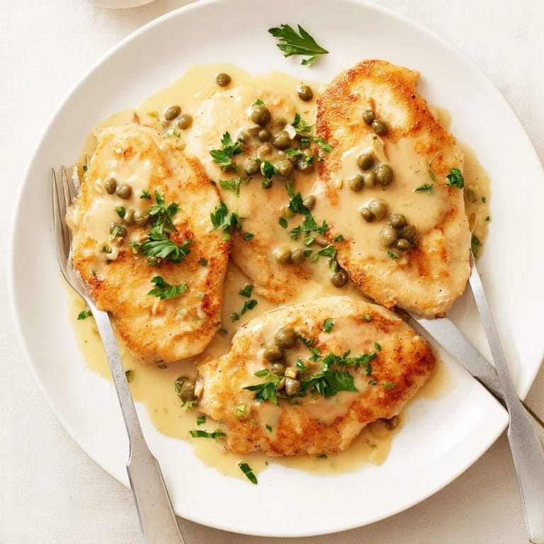 Close-up of golden chicken piccata with rich, velvety sauce and bright lemon slices for a fresh, tangy presentation.  