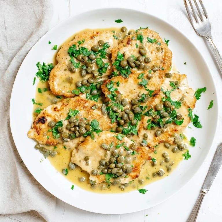 Plate of creamy chicken piccata served alongside pasta, perfect for an easy, comforting Italian-American family dinner.