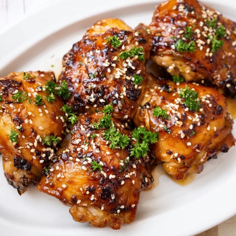 Eight golden-brown chicken thighs simmer in a sweet-savory glaze with minced garlic and red pepper flakes.