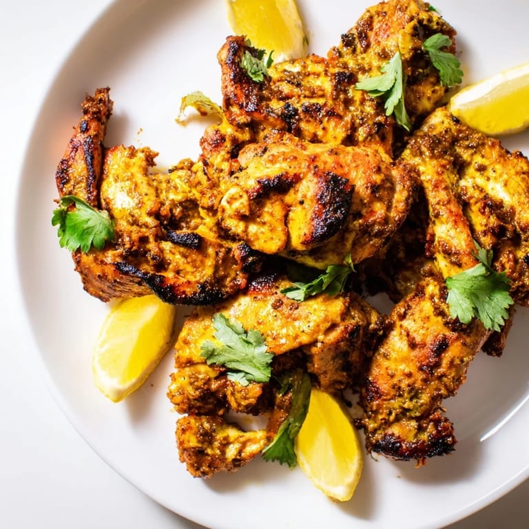 A close-up view of roasted Indian Tikka Spiced Chicken highlights its crispy, charred edges and aromatic tandoori spices.