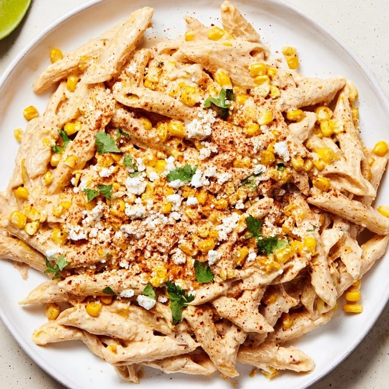 A close-up of Mexican Street Corn Pasta tossed in a zesty cream sauce with visible chili powder and cotija crumbles.
