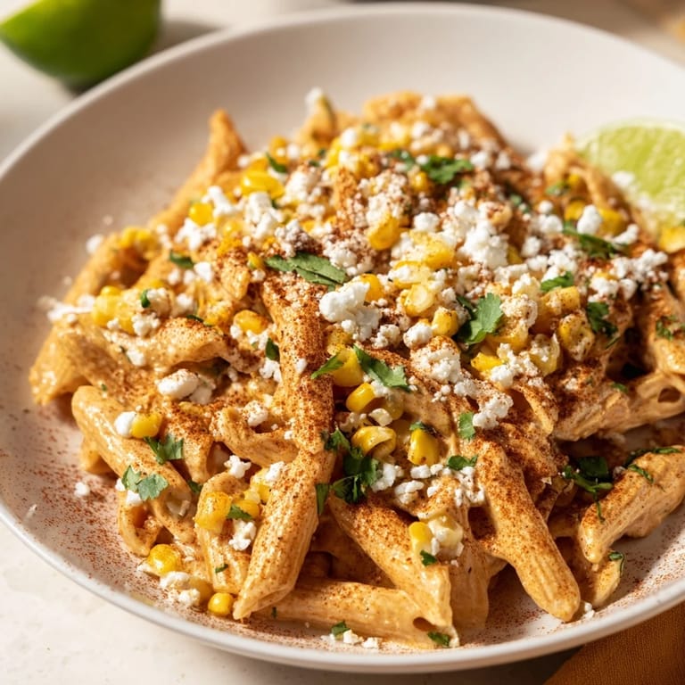 Hearty Mexican Street Corn Pasta dish ready to serve, featuring lime wedges and a sprinkle of extra spice.