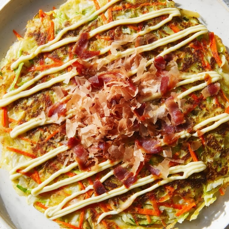 A close-up of fluffy Japanese Okonomiyaki Pancakes garnished with pickled ginger and aonori, perfect for dinner.