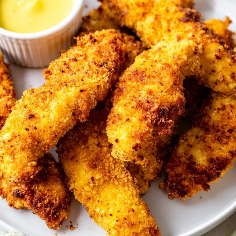 Close-up of Crispy Fried Chicken Tenders showing juicy white meat inside a thick, golden, and perfectly textured flour coating.
