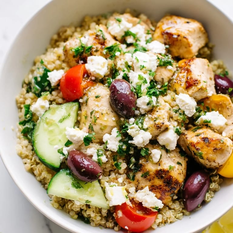 Close-up of a Mediterranean Chicken Bowl topped with cucumber, tomatoes, and zesty lemon dressing.  