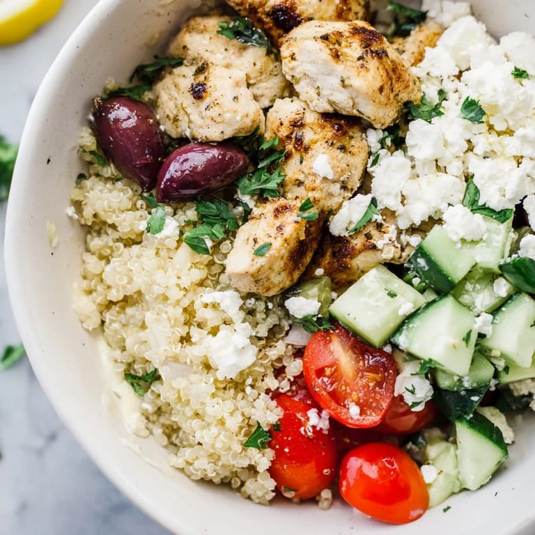 Healthy Mediterranean Chicken Bowl ingredients arranged in a rustic kitchen setting for a fresh lunch.