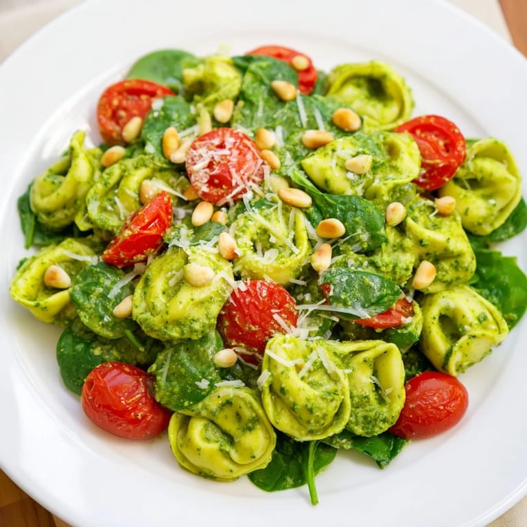 Serving suggestion for Pesto Tortellini Salad, garnished with toasted pine nuts and grated Parmesan, perfect for a refreshing summer picnic or potluck.