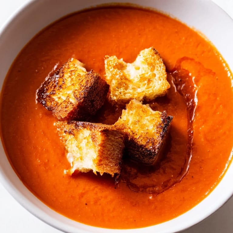 A close-up of golden grilled cheese croutons floating on velvety roasted tomato soup with a drizzle of olive oil.  