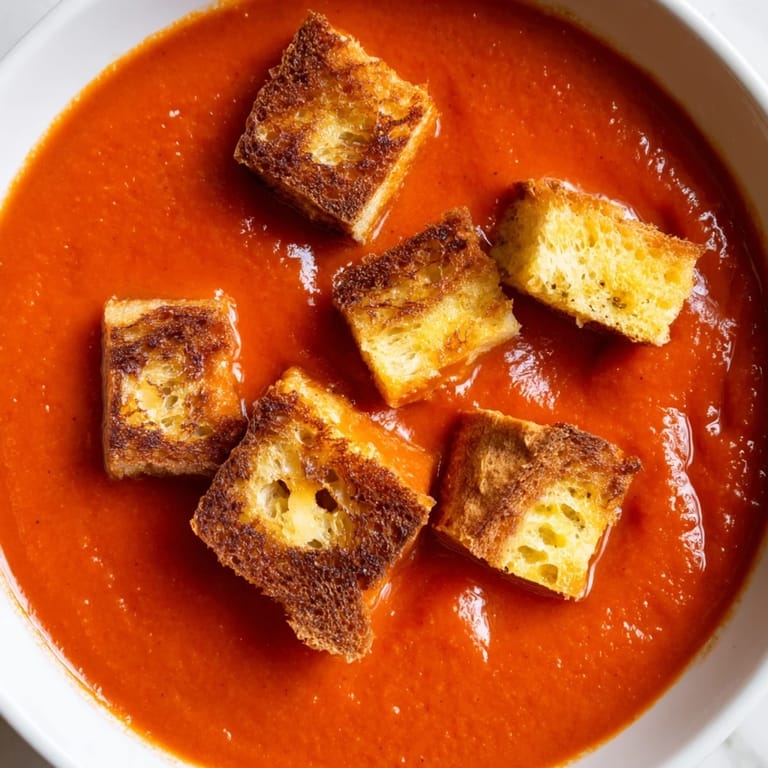 Warm bowl of roasted tomato soup with crunchy grilled cheese croutons, served with crusty bread for dipping.