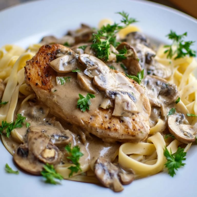 Tender chicken breasts in a velvety Marsala wine sauce with sautéed mushrooms, garnished with fresh parsley over creamy fettuccine.