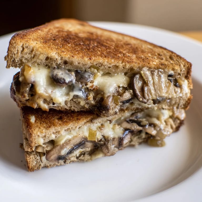 Fresh thyme garnishes this hearty vegetarian Mushroom Swiss Grilled Cheese, served warm with a bowl of creamy tomato soup.  