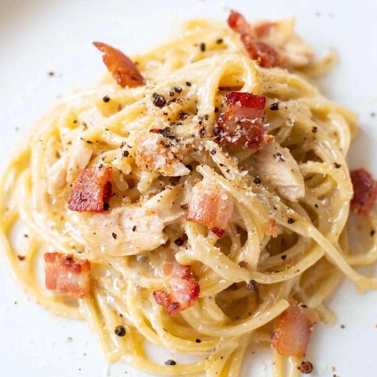 Two plates of golden chicken carbonara pasta, garnished with fresh parsley and extra grated Parmesan cheese.