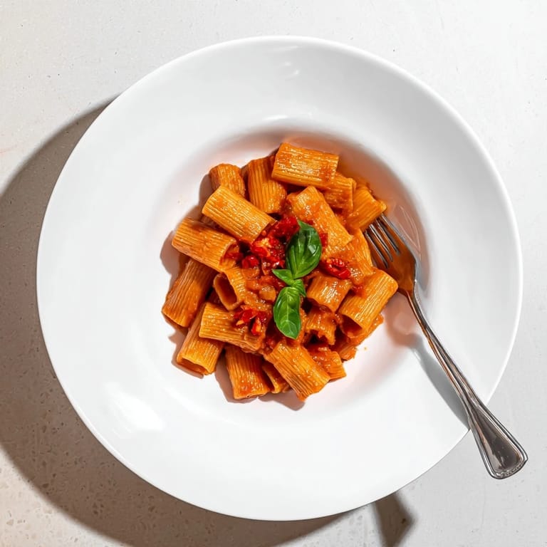 A white bowl filled with Spicy Rigatoni pasta, garnished with red pepper flakes and fresh basil.