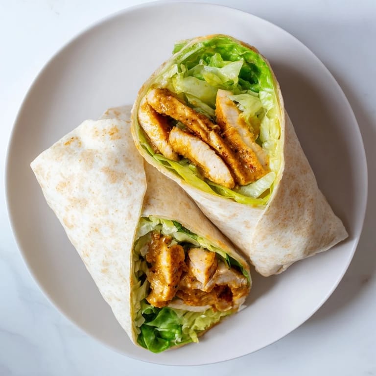 A close-up view of a Honey Mustard Chicken Wrap cut in half, revealing juicy chicken, fresh tomatoes, and tangy sauce inside.