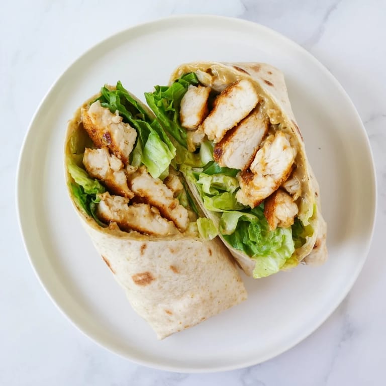 Freshly rolled Honey Mustard Chicken Wraps with chopped veggies and creamy dressing, served neatly on a rustic wooden plate.
