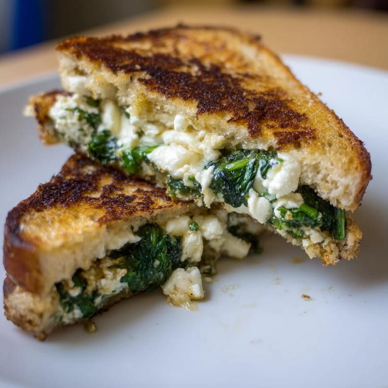 A close-up view of a vegetarian Feta & Spinach Stuffed Grilled Cheese on a rustic wooden board, paired with a bowl of creamy tomato soup.  