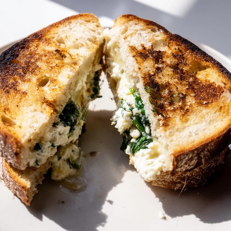 The side profile of a crispy Feta & Spinach Stuffed Grilled Cheese revealing layers of garlicky spinach and crumbled feta tucked inside buttery bread.