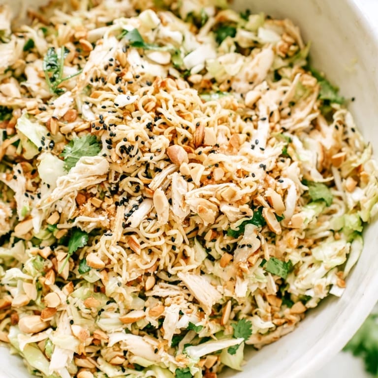 Colorful platter of Crunchy Ramen Chicken Salad garnished with scallions and sesame seeds, perfect for potlucks.
