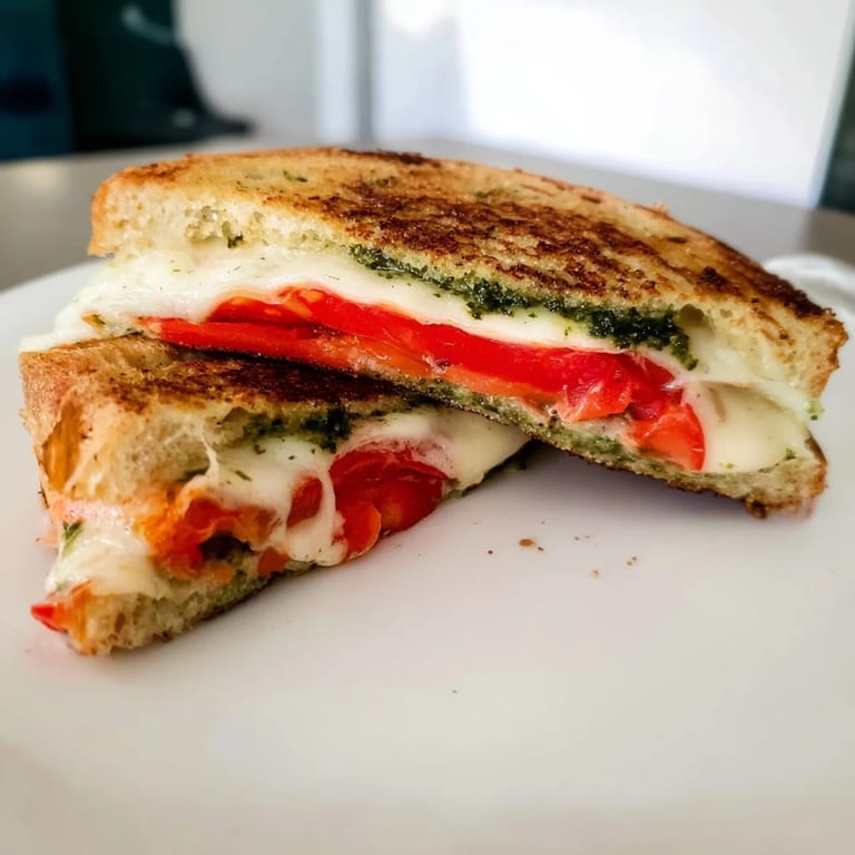 Fresh basil garnish tops a golden Caprese Pesto Grilled Cheese, served on a wooden cutting board with visible pesto.