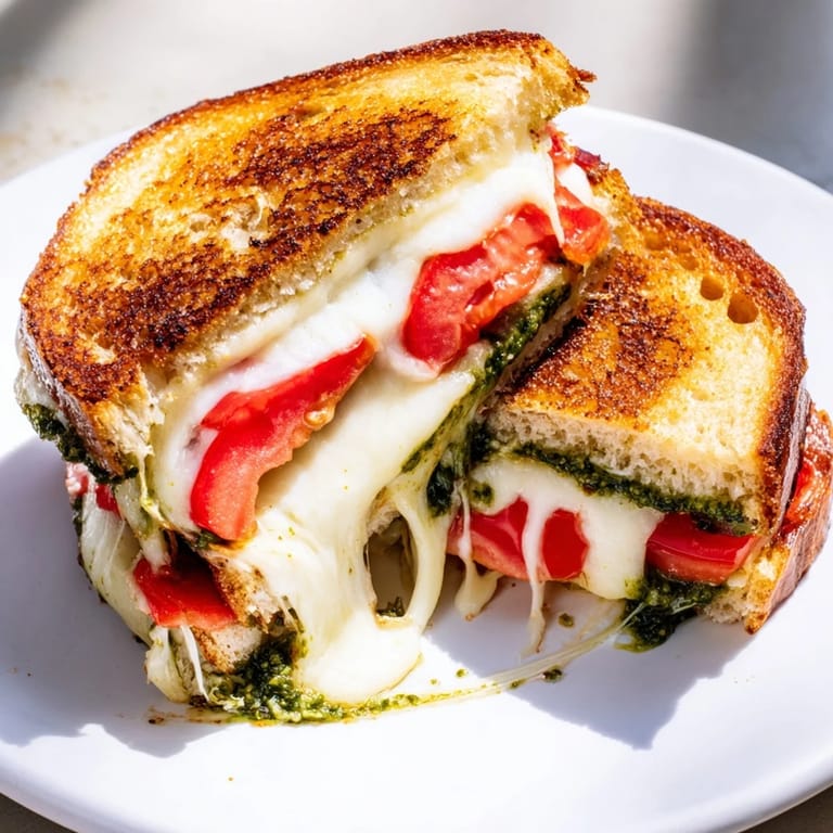 A close-up of a crispy Caprese Pesto Grilled Cheese, revealing a vibrant filling of fresh mozzarella and ripe tomatoes.