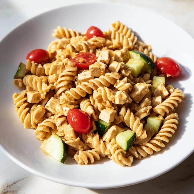 A colorful bowl of honey mustard chicken pasta salad, featuring juicy tomatoes, crunchy celery, and a tangy-sweet dressing for summer picnics.