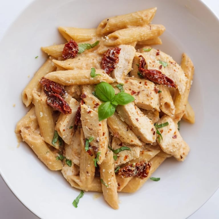 Hearty Creamy Sun-Dried Tomato Chicken Pasta served in a skillet, showing glossy penne coated in a velvety sauce with specks of herbs.