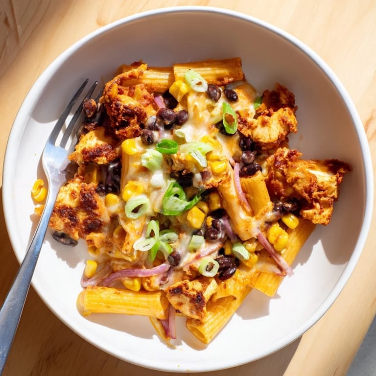 One-pan Crispy Chicken Burrito Pasta shows melted cheese, diced tomatoes, and black beans, evoking Tex-Mex flavors on a rustic table.