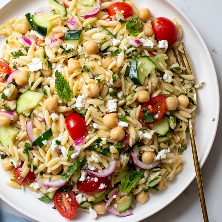 Overhead view of Lemony Chickpea Orzo Salad with diced cucumbers, halved cherry tomatoes, and crumbled feta, perfect for a light Mediterranean meal.  