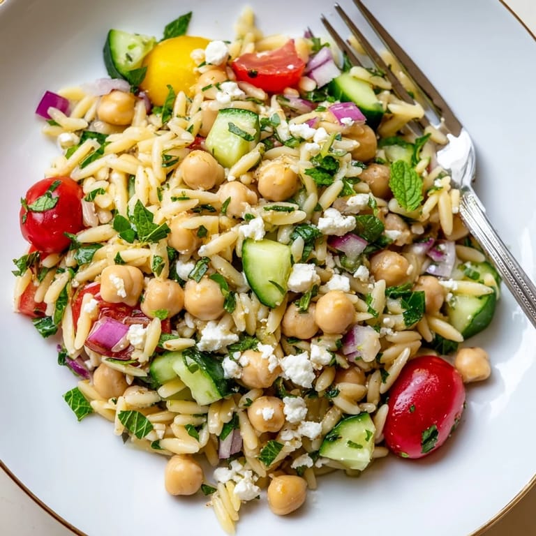 Close-up of Lemony Chickpea Orzo Salad showing glistening lemon dressing coating chickpeas and orzo, garnished with fresh mint and parsley.