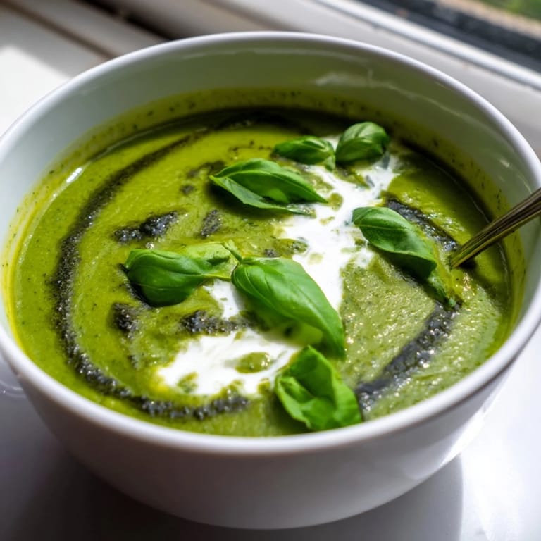 Spring-inspired Courgette, Pea and Pesto Soup swirled with vibrant green pesto and served with crusty bread.