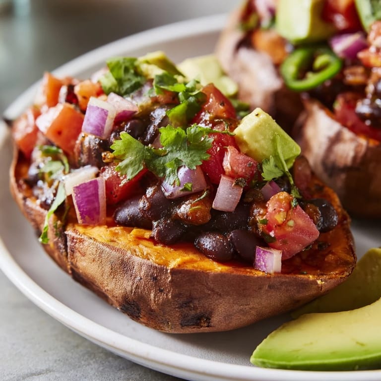 A wholesome roasted sweet potatoes with chipotle black beans and zesty tomato salsa dinner.