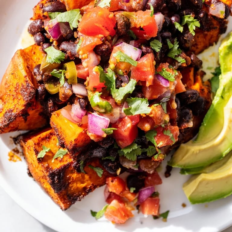 Warm, roasted sweet potatoes filled with seasoned black beans and vibrant tomato salsa garnish.  