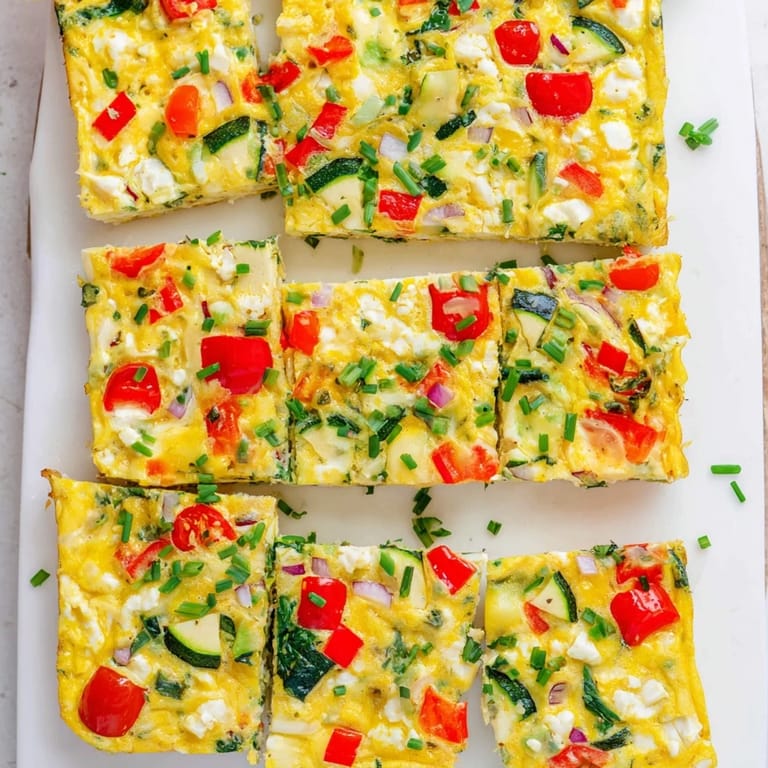 Sliced portions of High-Protein Sheet Pan Eggs With Cottage Cheese and Veggies, arranged on a rustic wooden board with veggies peeking through.