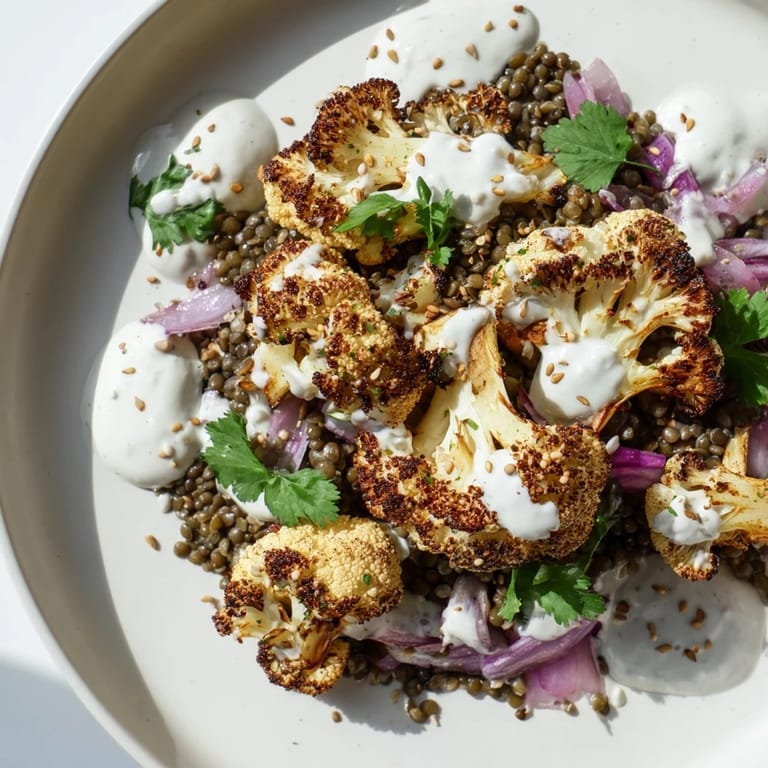 Savory roasted cauliflower with lemon lentils and tangy cumin-tahini yogurt, ready to serve as a hearty vegetarian main dish.