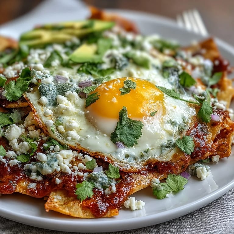 A vibrant skillet of chilaquiles with creamy avocado slices and sour cream drizzle, served for a comforting Mexican breakfast.