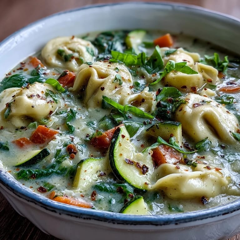 A bowl of Creamy Vegetable Tortellini Soup garnished with fresh basil and a slice of crusty bread.