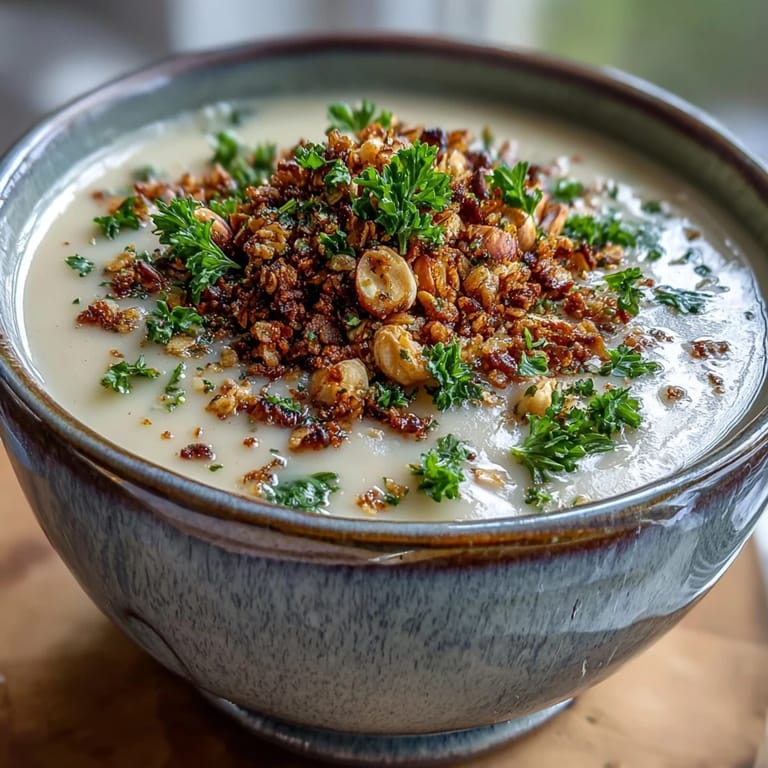 A creamy bowl of Celeriac Soup With Hazelnut Crumble garnished with fresh parsley and extra nuts.