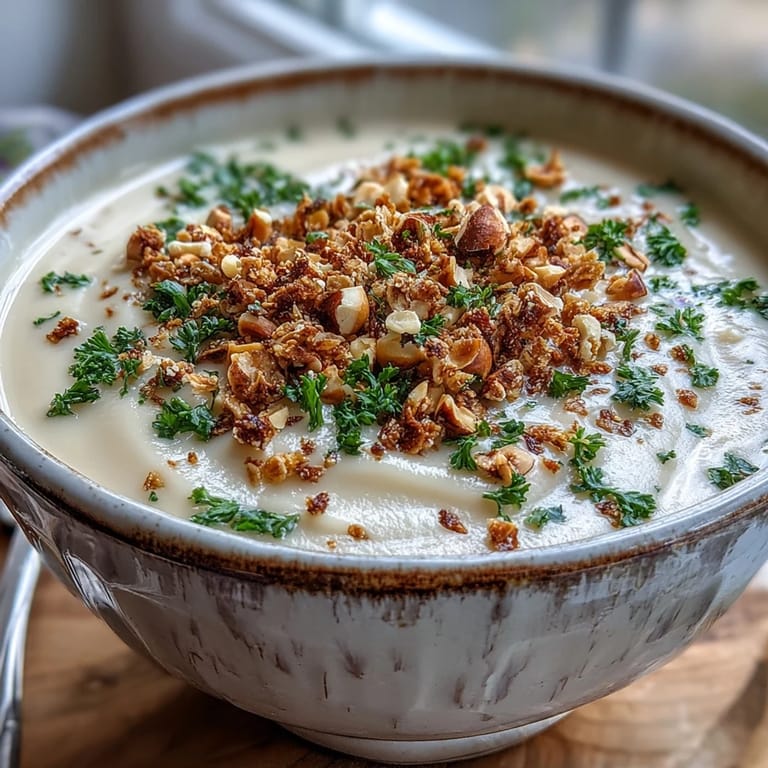 Silky pureed Celeriac Soup With Hazelnut Crumble served hot with crusty gluten-free bread for dipping.