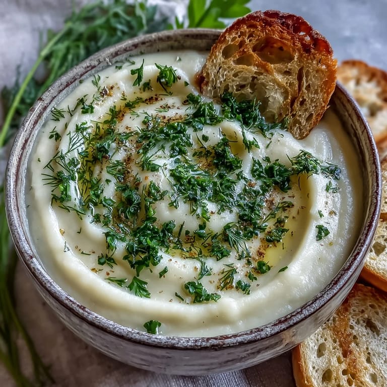 A ladle pouring creamy Parsnip and Herb Soup into a white bowl, topped with fresh herbs.