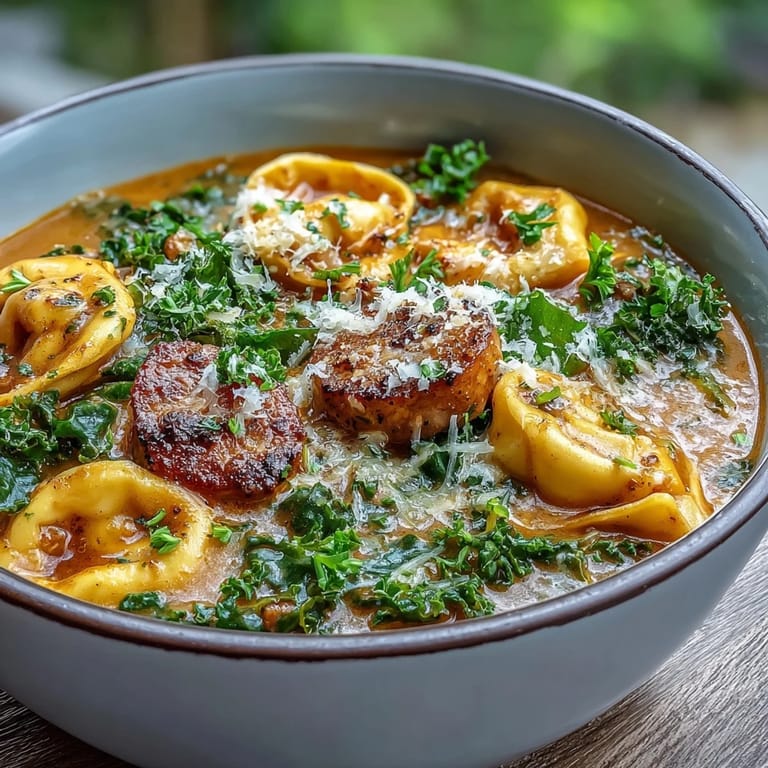 Cozy Pumpkin Tortellini Soup simmering in a pot, featuring chicken sausage, kale, and tortellini.