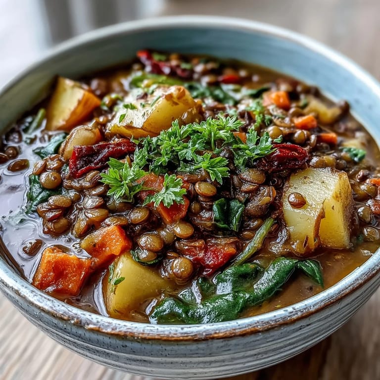Vegetarian Lentil Stew garnished with lemon wedges and parsley, steam rising from a ladle-ready Dutch oven on a wooden table.