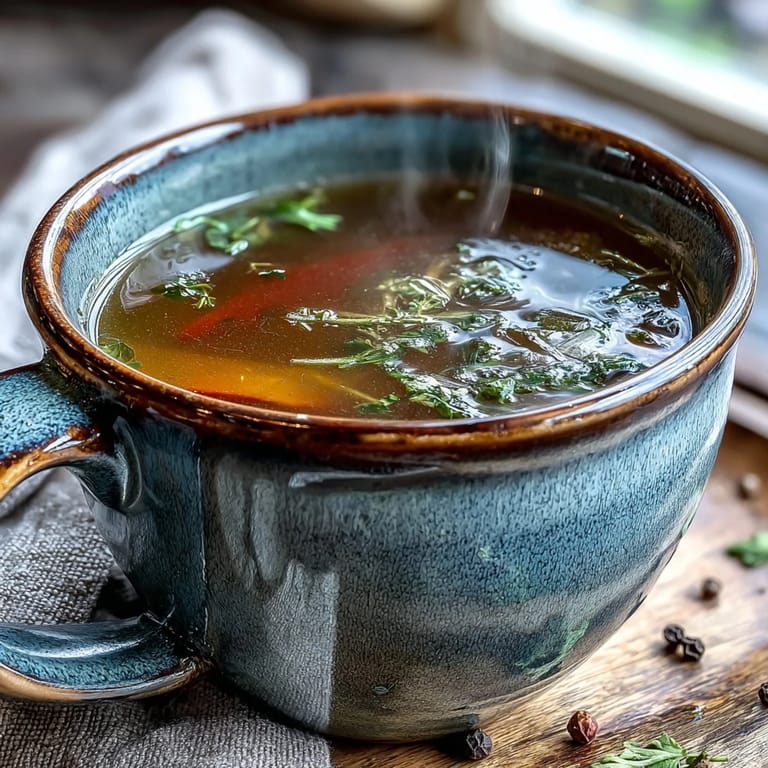 Homemade vegetable broth from scraps, ready to serve, poured from a glass jar into a rustic bowl.