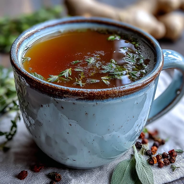 Fragrant vegetable broth from scraps in a clear mason jar, garnished with fresh thyme and black peppercorns.