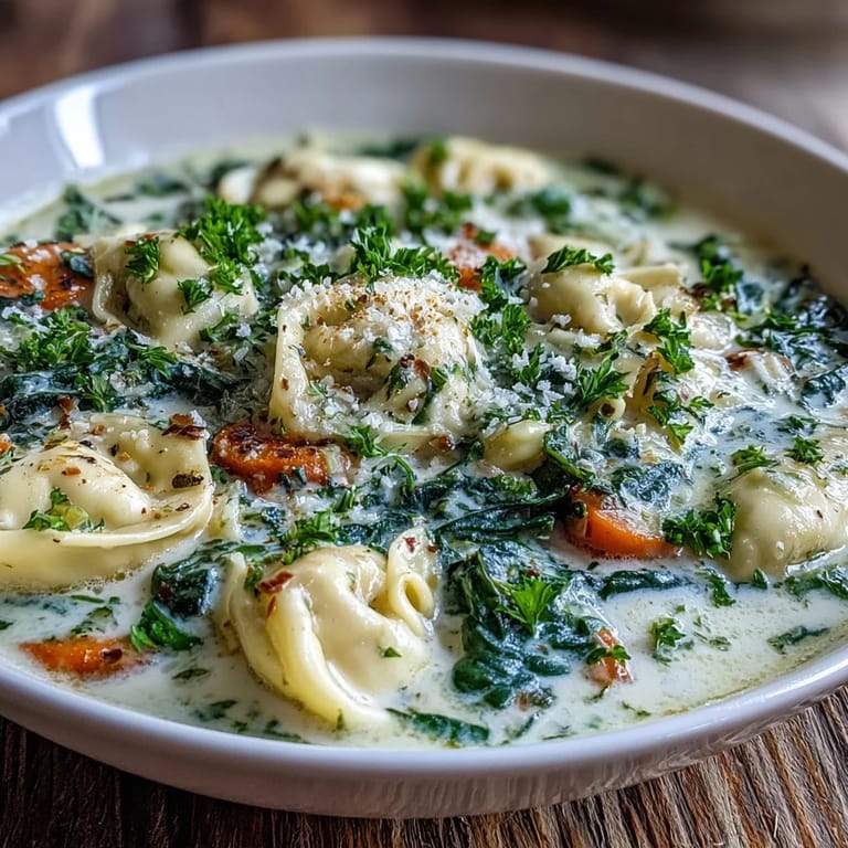 Steaming bowl of Easy Tortellini Soup with Chicken Broth, carrots, celery, and spinach garnish.