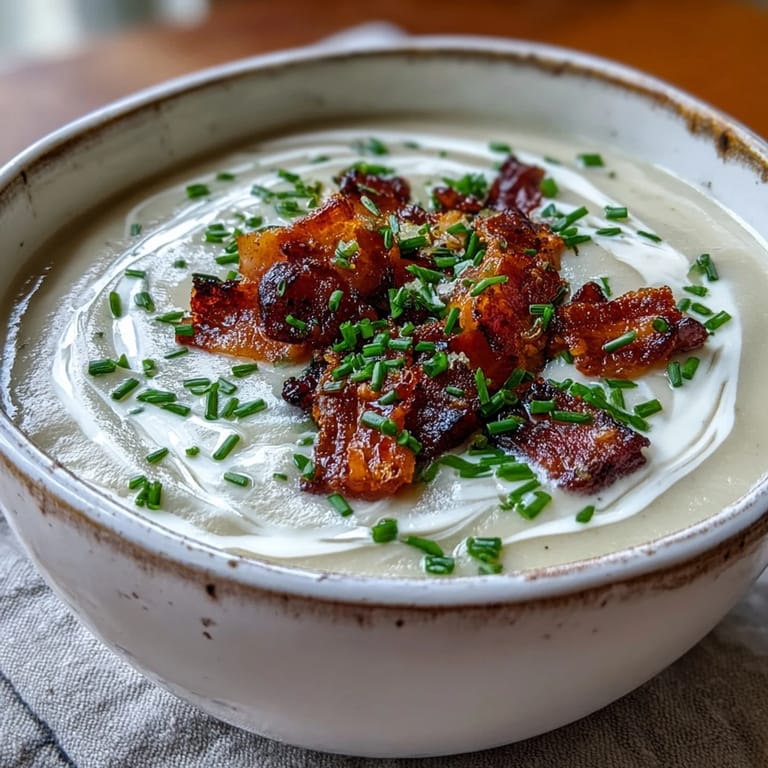 A bowl of Creamy Celeriac Soup with Crispy Bacon next to crusty bread and a glass of white wine on a wooden table.
