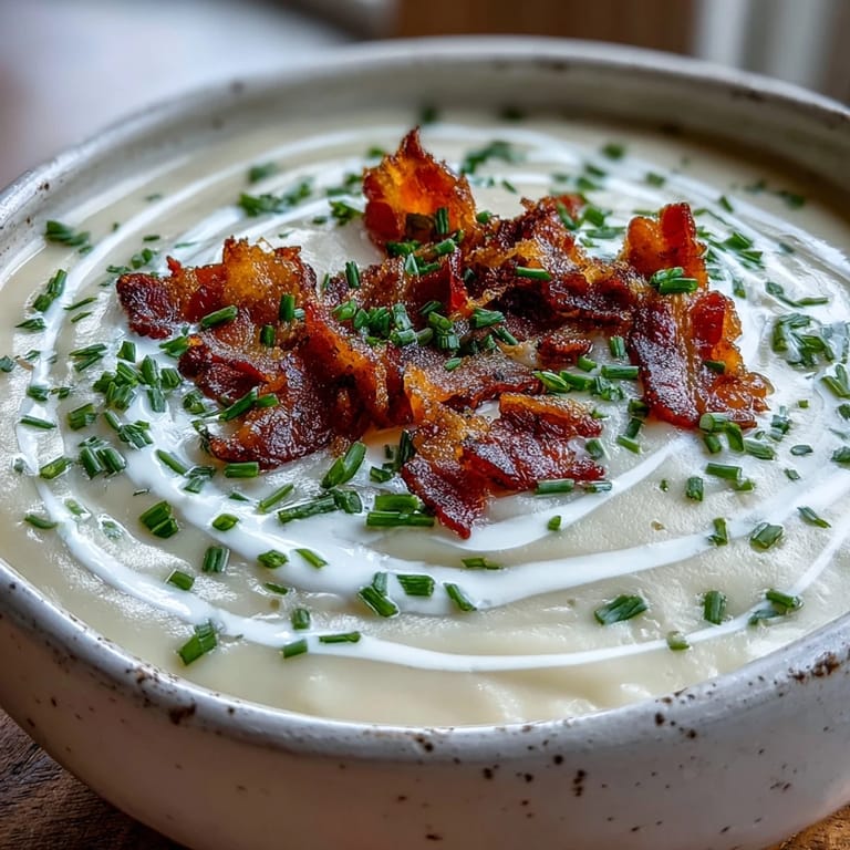 Velvety Creamy Celeriac Soup with Crispy Bacon garnished with parsley, steam rising from the rich, smooth surface in warm lighting.