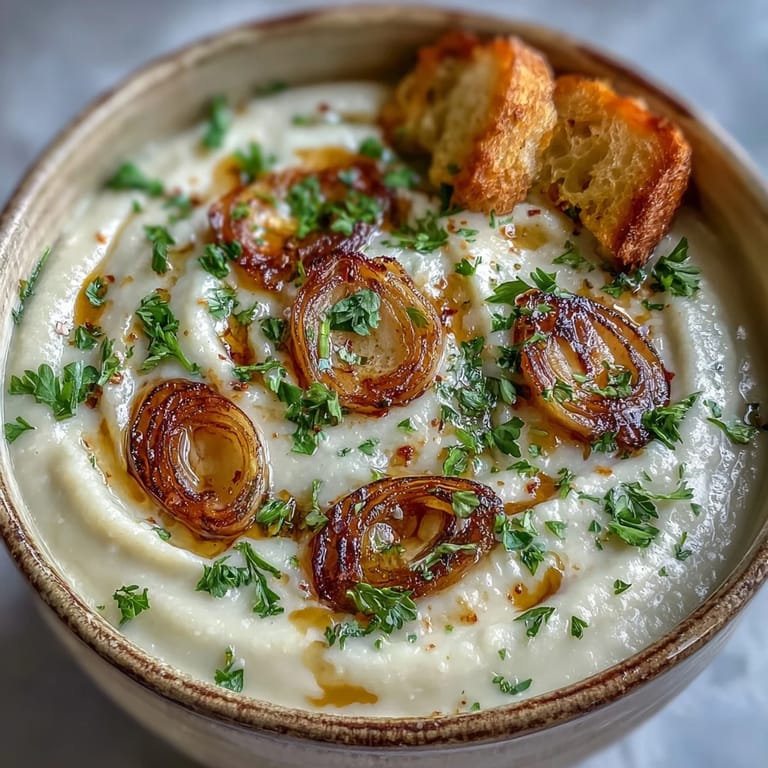 A spoon lifting a creamy sip of roasted garlic soup highlights the smooth, puréed texture and aromatic steam rising.